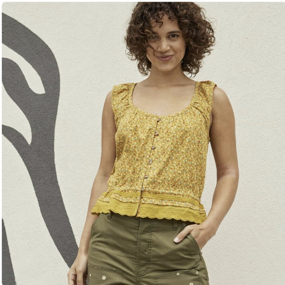 Toad&Co Manzana Ruffle Tank Top XL in Pollen Small Floral Print